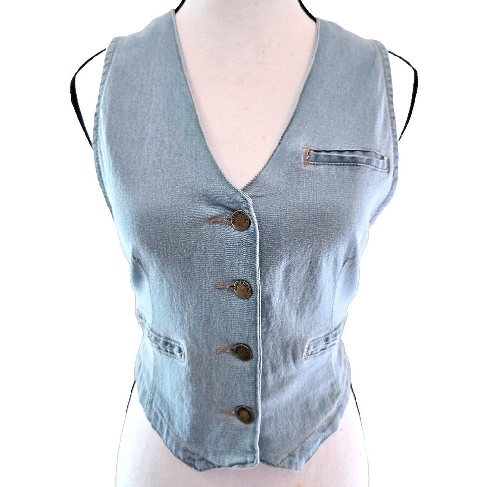 Green Goddess Light Wash Denim Vest Button Up Waistcoat Tie Back Womens Large